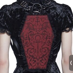 Widow Dolls Kill Coffin Backpack Crossbody Purse  Red Brocade Black Lace Goth